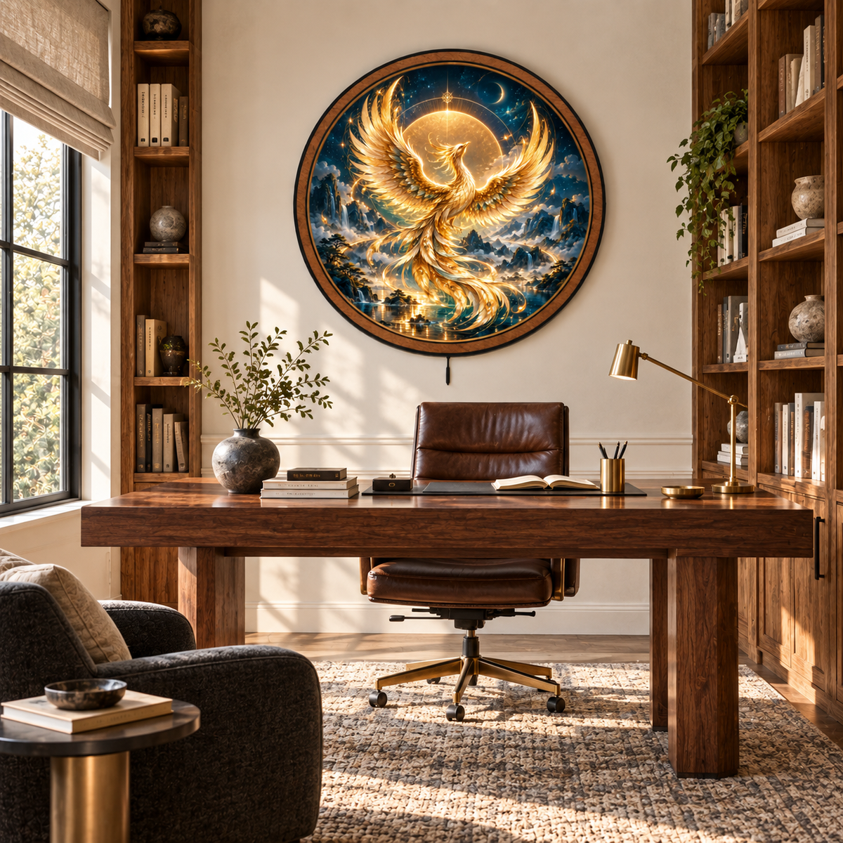 Celestial Phoenix – Golden Moon Fantasy LED Wall Art