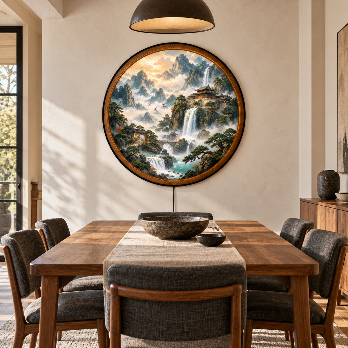 Misty Mountain Sanctuary Circular LED Wall Art
