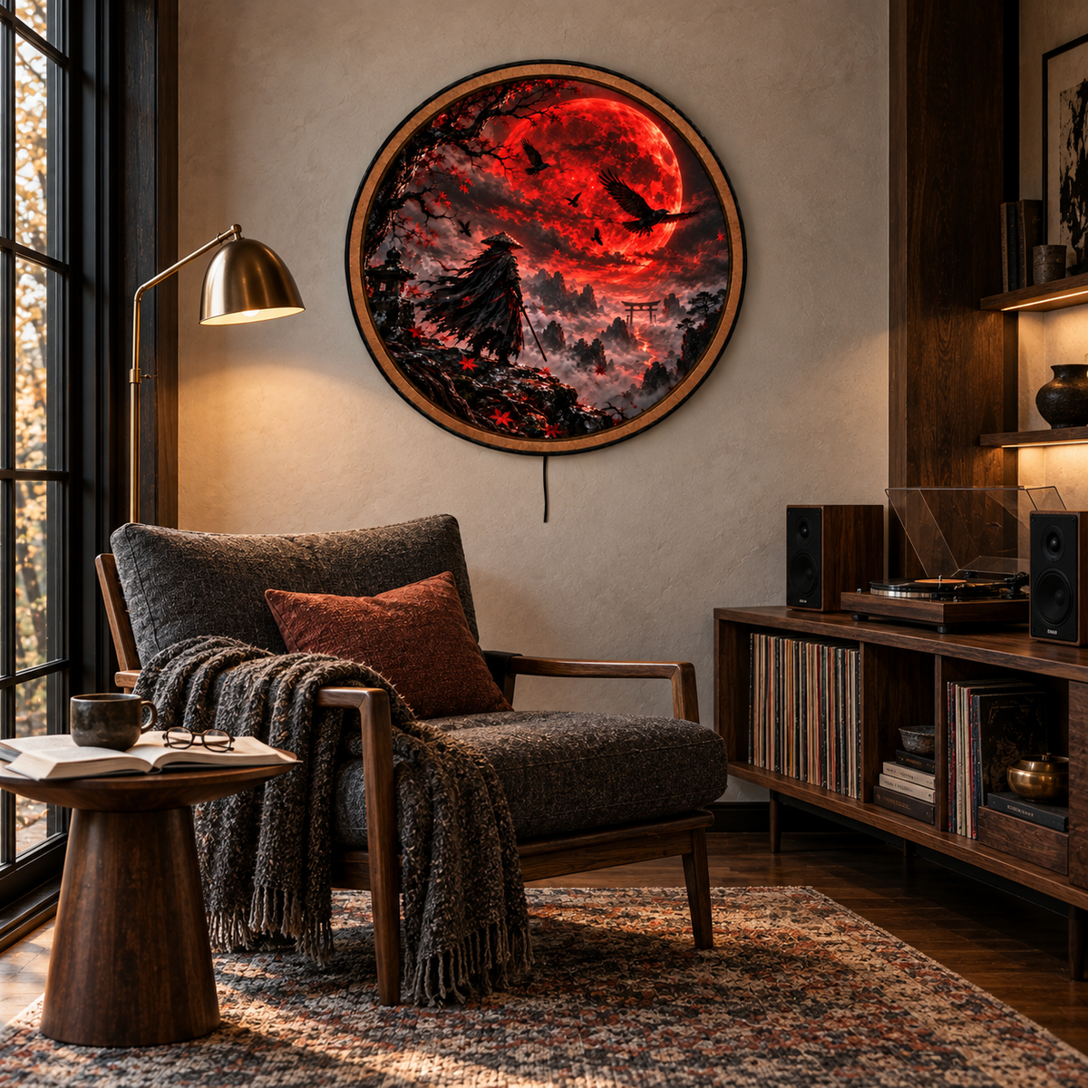 Handcrafted Crimson Moon Samurai Fantasy LED Wall Art