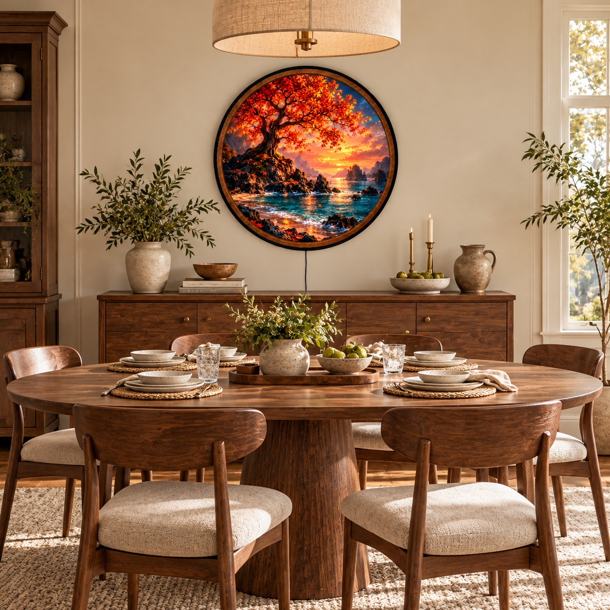 Autumn's Golden Shore – Handcrafted LED Wall Art | Red Maple Tree, Ocean Sunset & Coastal Landscape