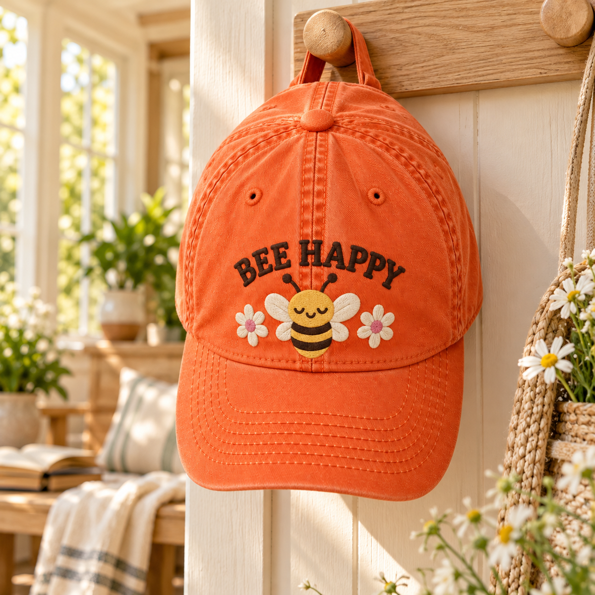 Bee Happy Embroidered Dad Hat – Cute Vintage Washed Cap