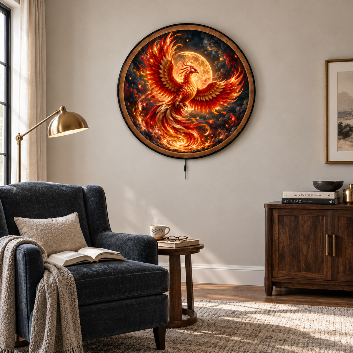 Eternal Phoenix – Golden Fire Moon LED Wall Art