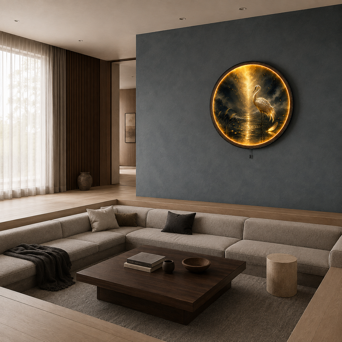 Golden Heron – Handcrafted Round LED Wall Art