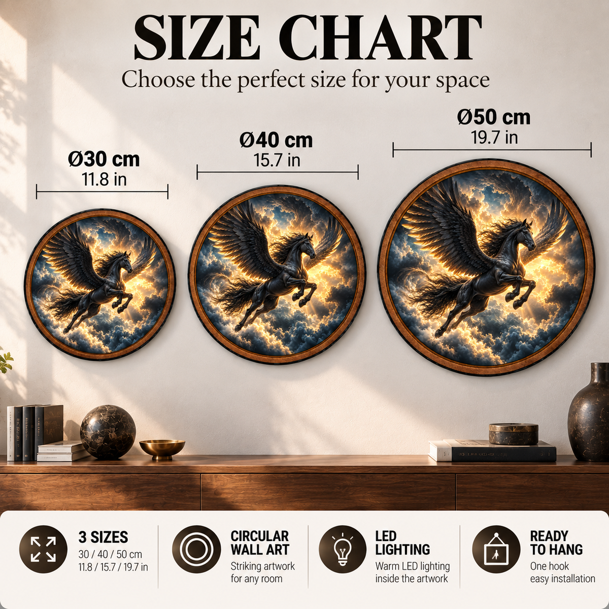 Black Pegasus Storm Clouds Circular LED Wall Art