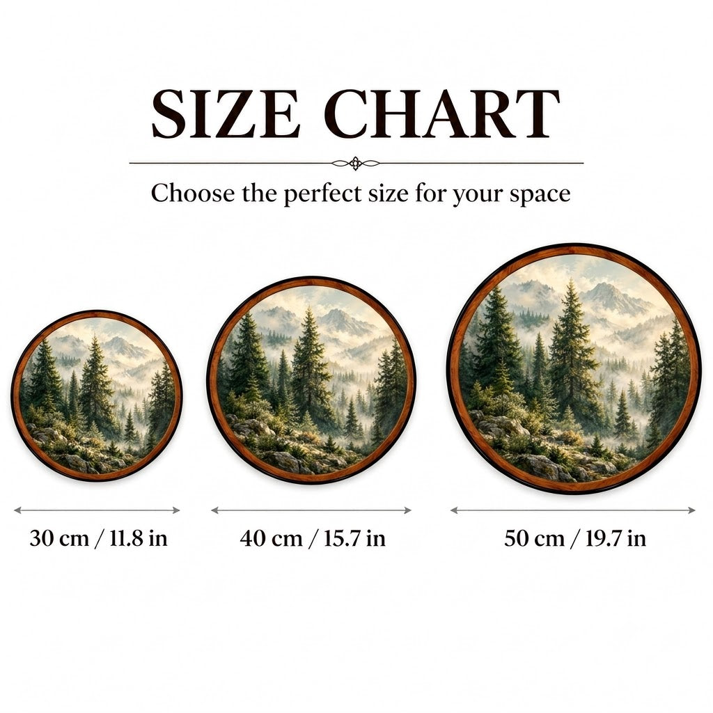 Misty Evergreen Forest – Handcrafted Round LED Wall Art