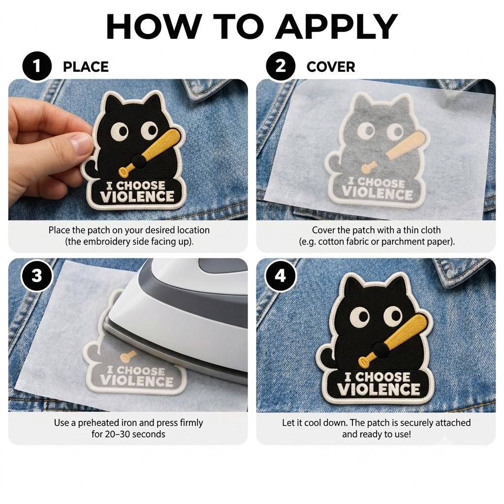 I Choose Violence Black Cat Embroidered Iron-On Patch – Funny Sarcastic Cat Applique