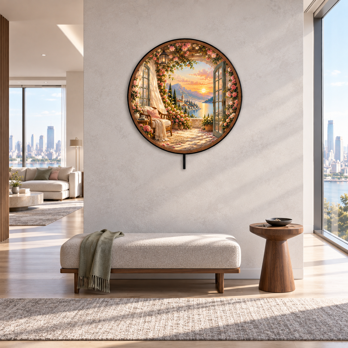 Rose Terrace Sunset – Romantic Lake View LED Wall Art