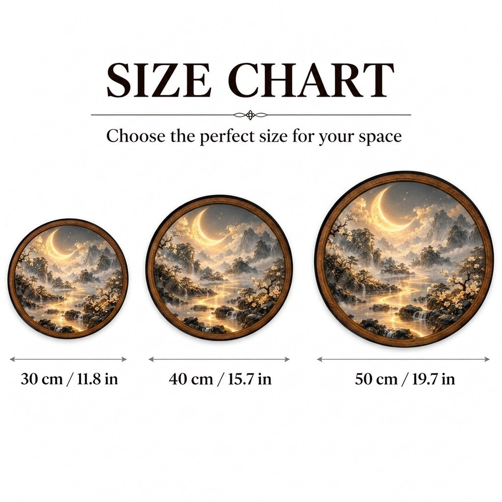 Handcrafted Golden Crescent Moon LED Wall Art – Moonlit Mountain Landscape & Japanese Zen