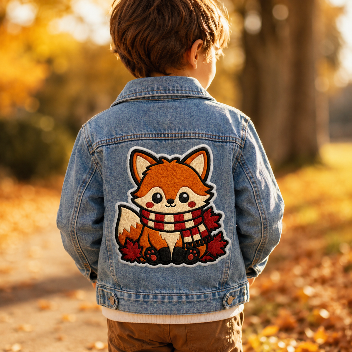 Autumn Fox Embroidered Iron-On Patch – Cozy Fall Fox with Scarf Applique