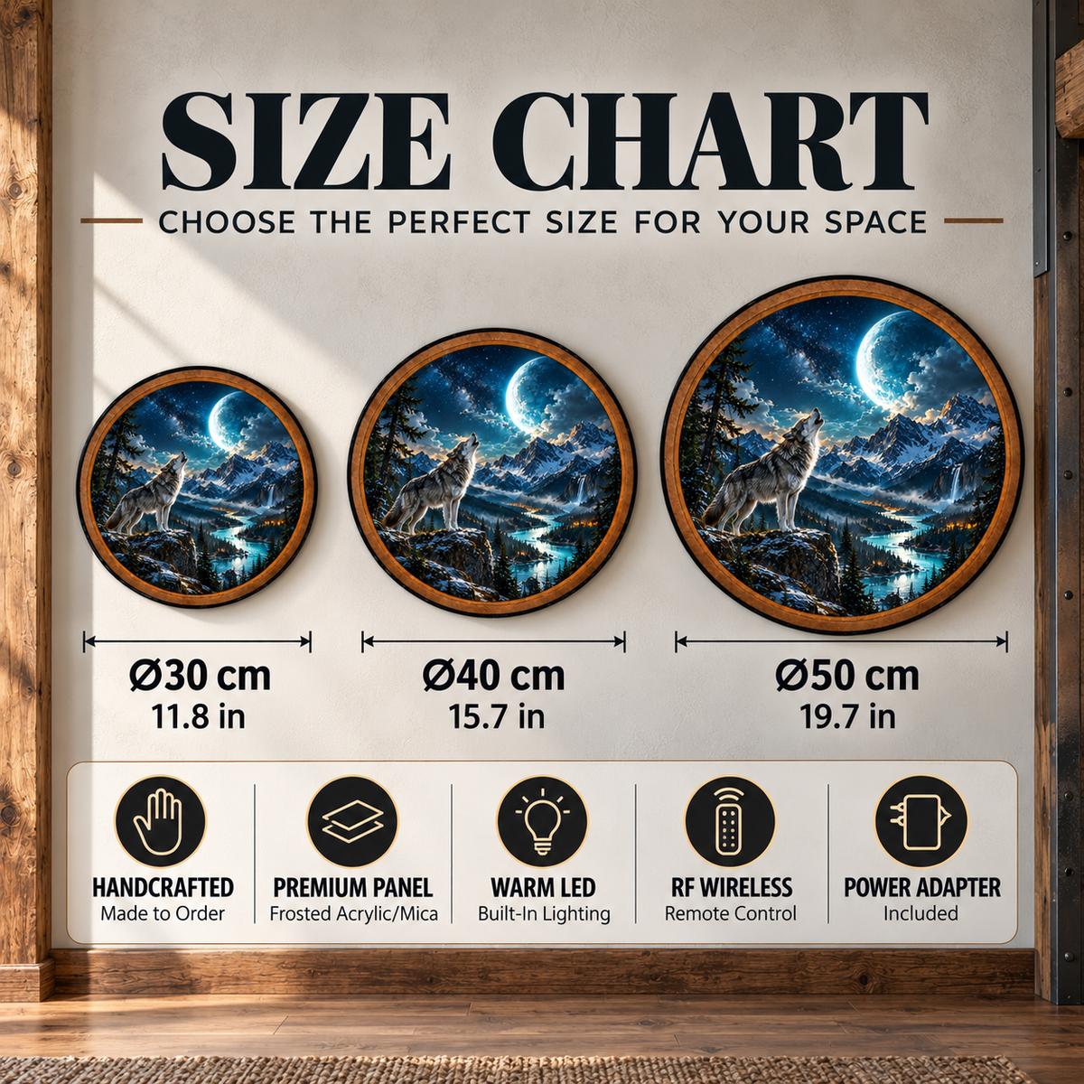 Howling Wolf Moon Mountain Circular LED Wall Art