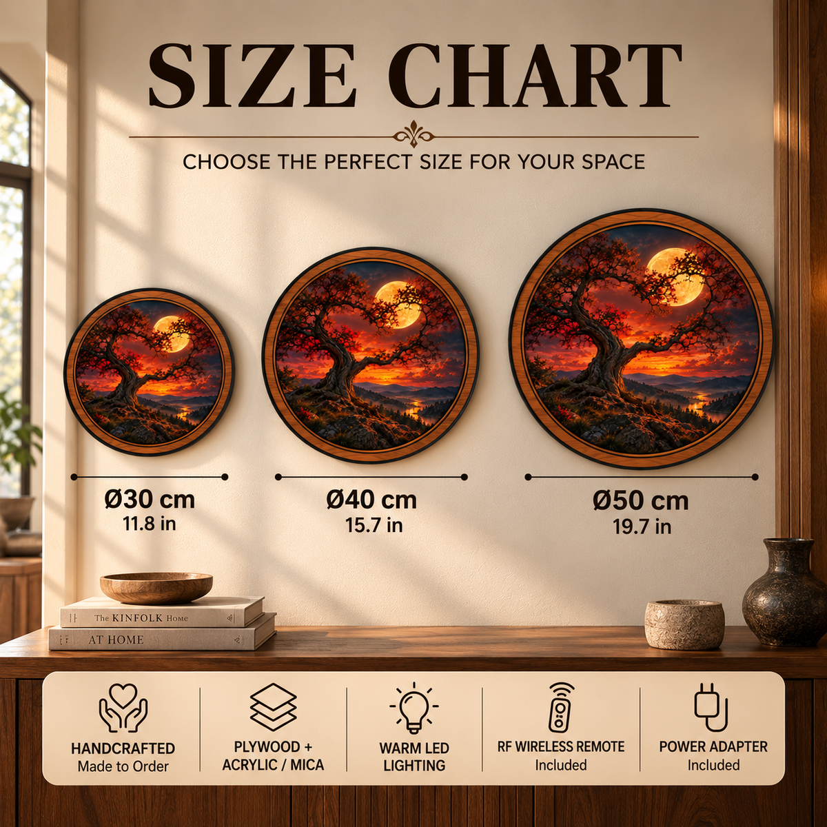 Crimson Moon Ancient Tree Circular LED Wall Art