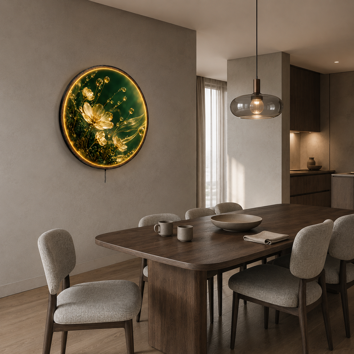 Golden Wildflowers & Dewdrops Circular LED Wall Art