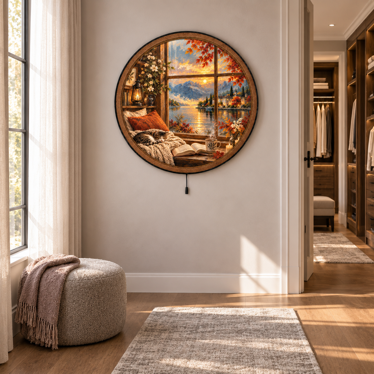 Cozy Autumn Window – Cat & Lake LED Wall Art