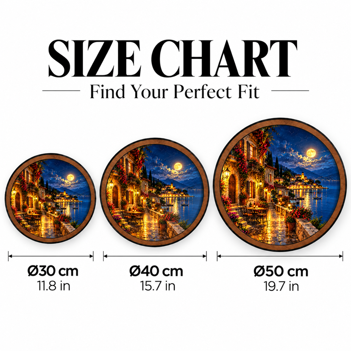 Moonlit Coastal Village – Mediterranean Round LED Wall Art