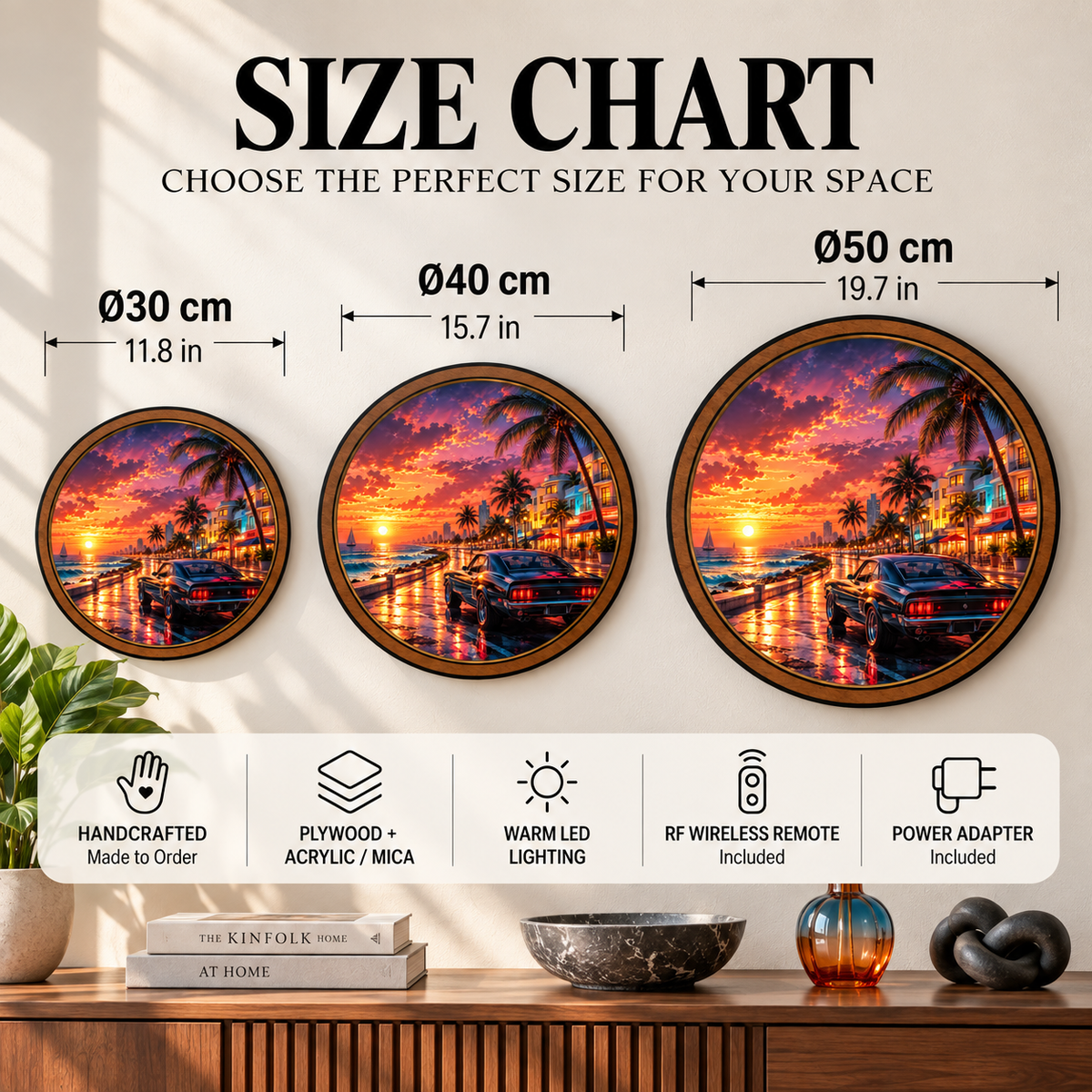Coastal Sunset Muscle Car Circular LED Wall Art