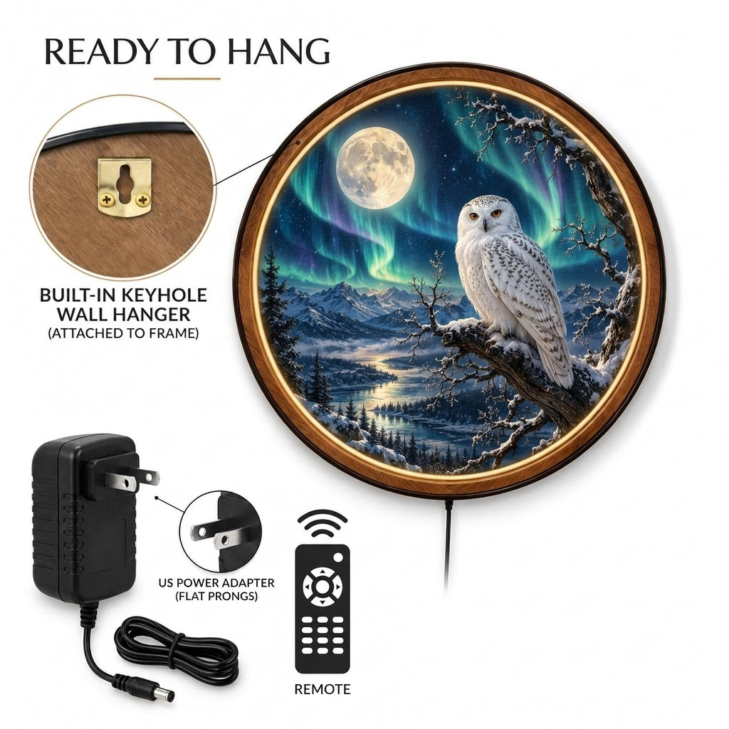 Handcrafted Snowy Owl LED Wall Art – Northern Lights & Full Moon, Winter Wildlife
