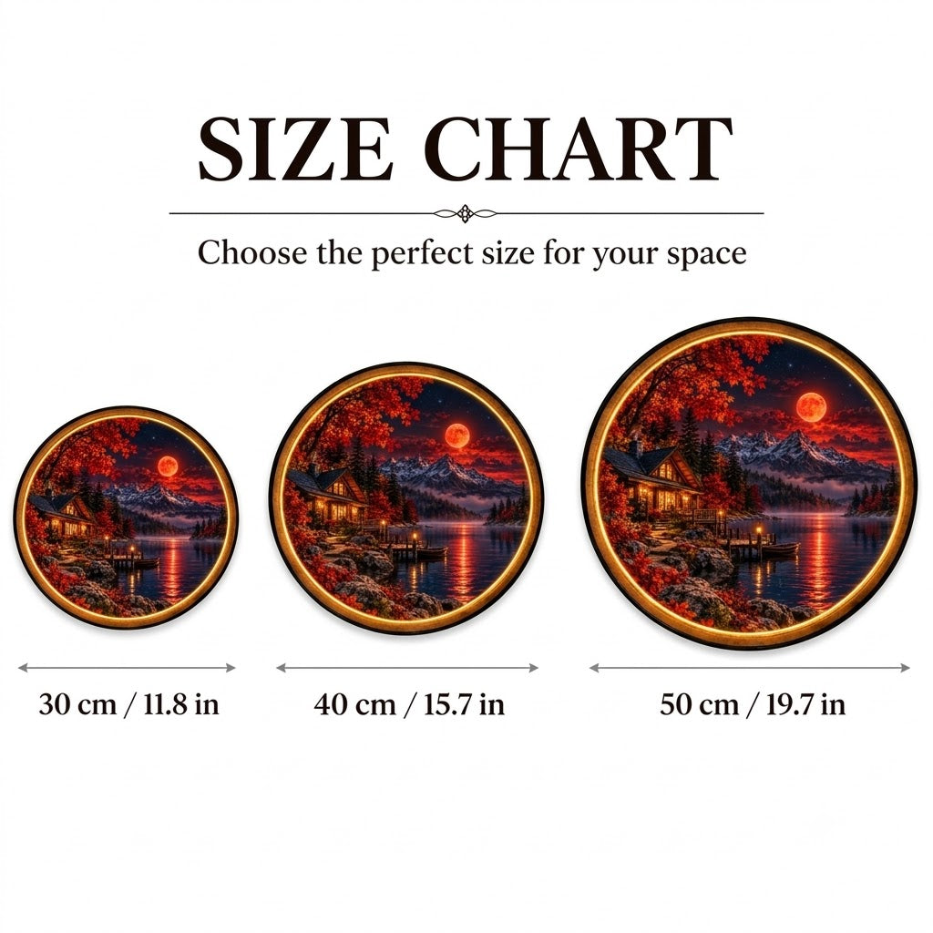Crimson Moon – Handcrafted Autumn Cabin LED Wall Art | Red Moon Mountain Lake Decor
