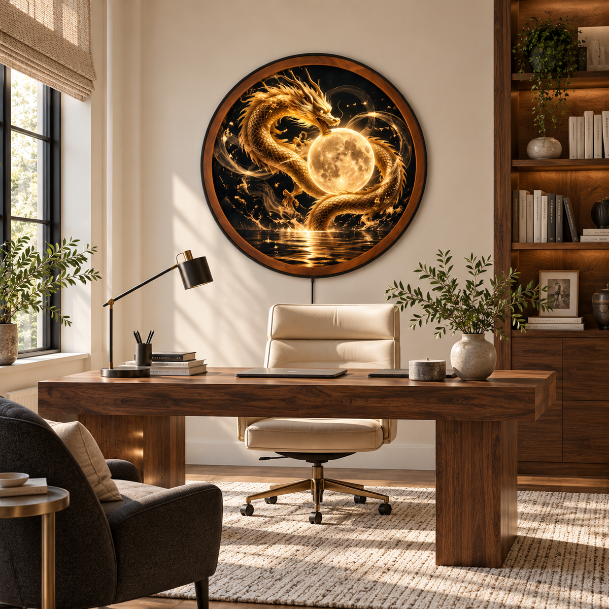 Golden Celestial Dragon Moon Circular LED Wall Art