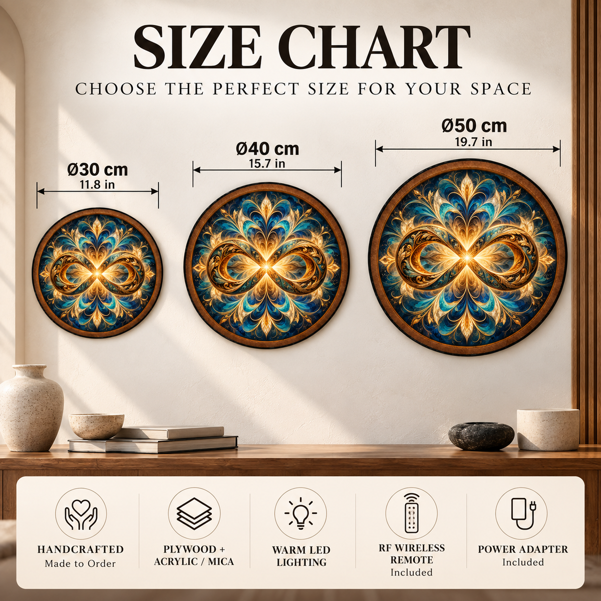 Golden Infinity Blue Mandala LED Wall Art