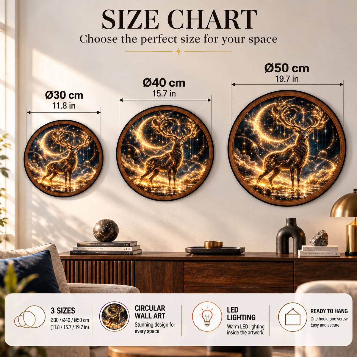 Celestial Stag Golden Moon Circular LED Wall Art