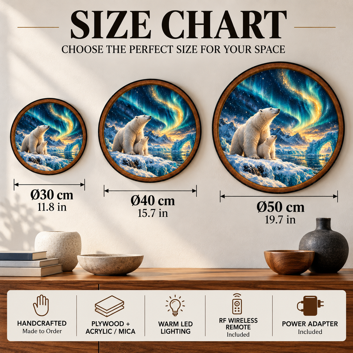 Polar Bear Aurora Arctic Night Circular LED Wall Art