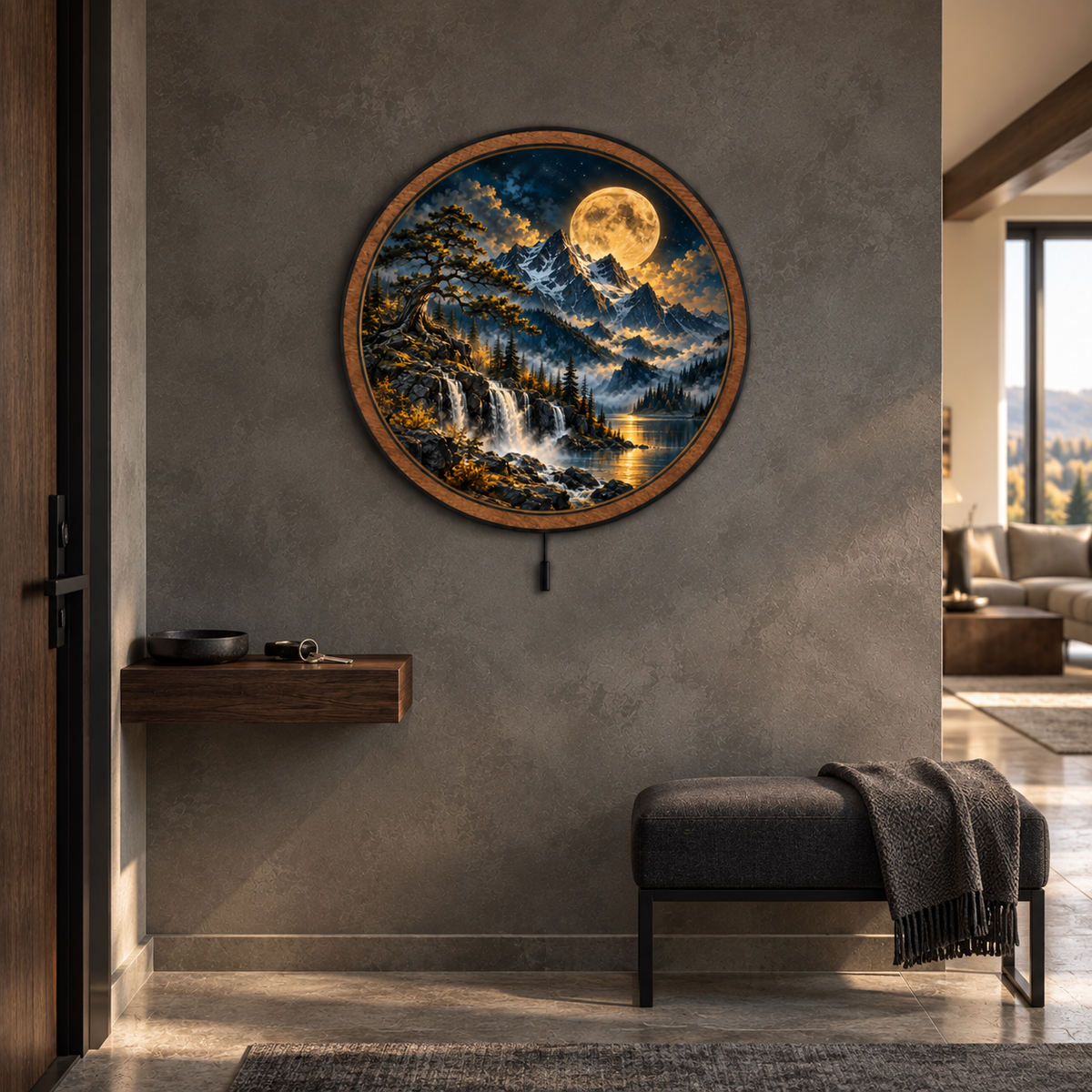 Alpine Moonfall – Golden Cascade LED Wall Art