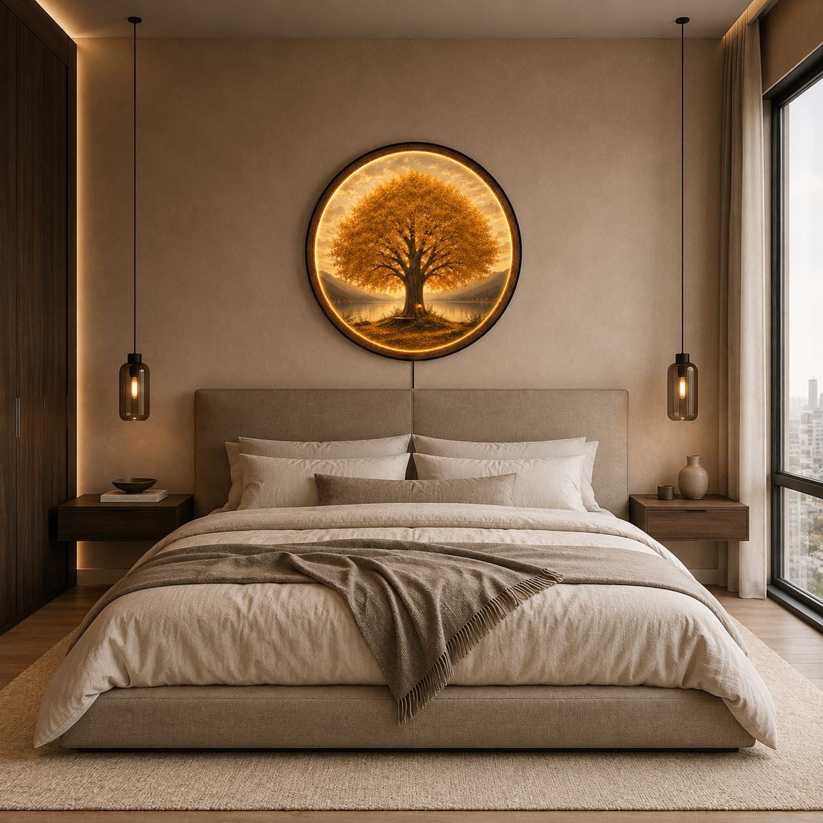 Golden Tree of Life – Handcrafted Round LED Wall Art