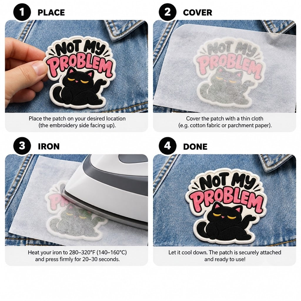 Not My Problem Black Cat Embroidered Iron-On Patch – Funny Cat Attitude Applique