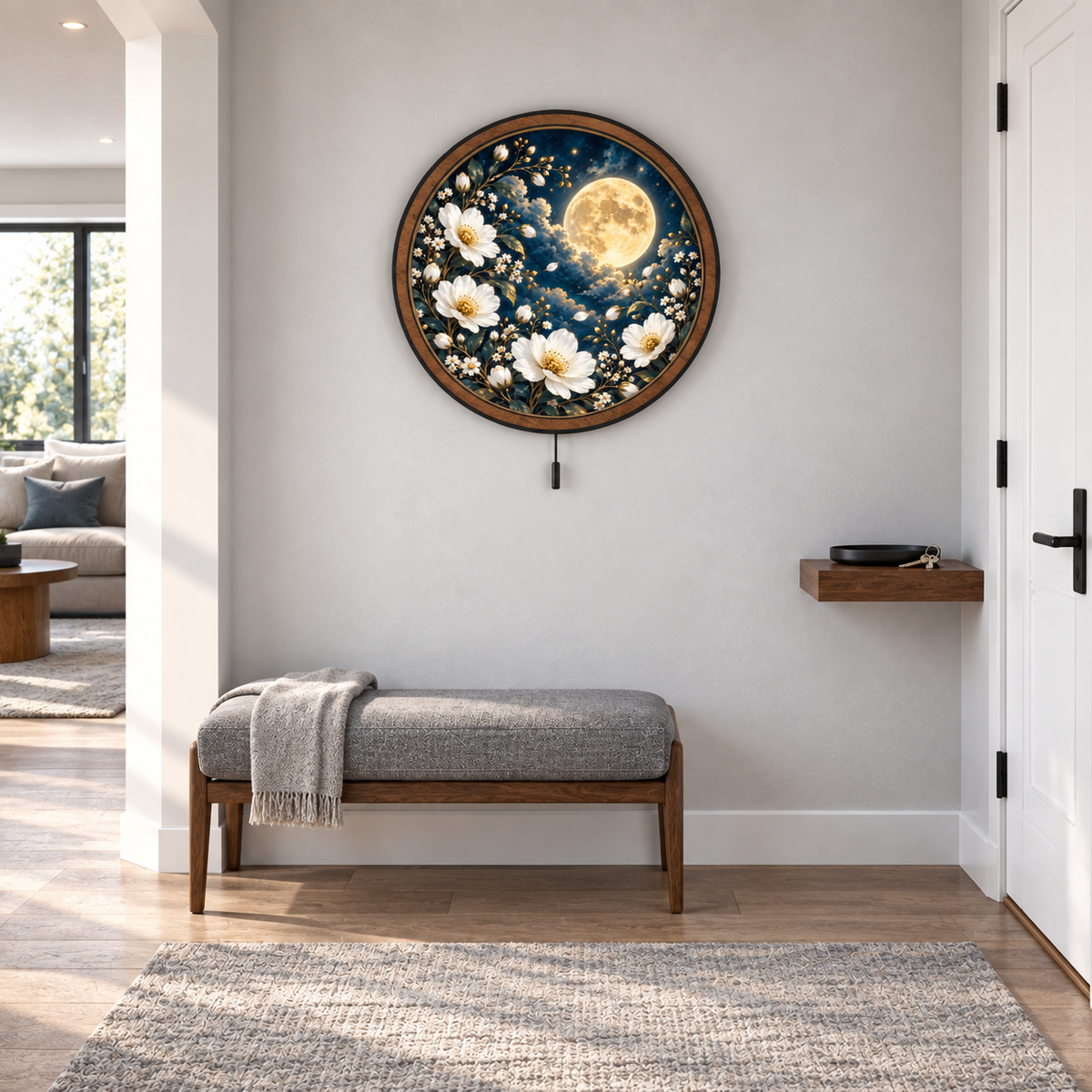 Moonlit White Garden – Golden Moon LED Wall Art