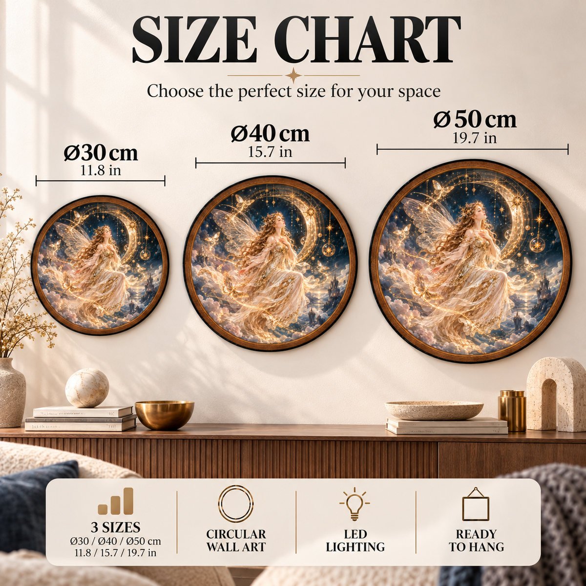 Celestial Moon Fairy Golden Butterfly LED Wall Art