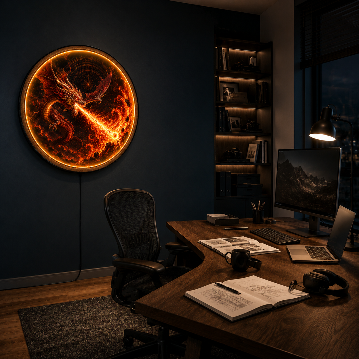 Crimson Fire Dragon – Handcrafted Round LED Wall Art