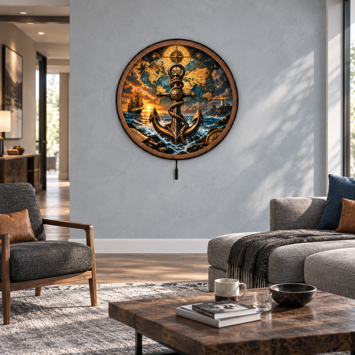 Golden Voyager Anchor – Nautical Compass LED Wall Art