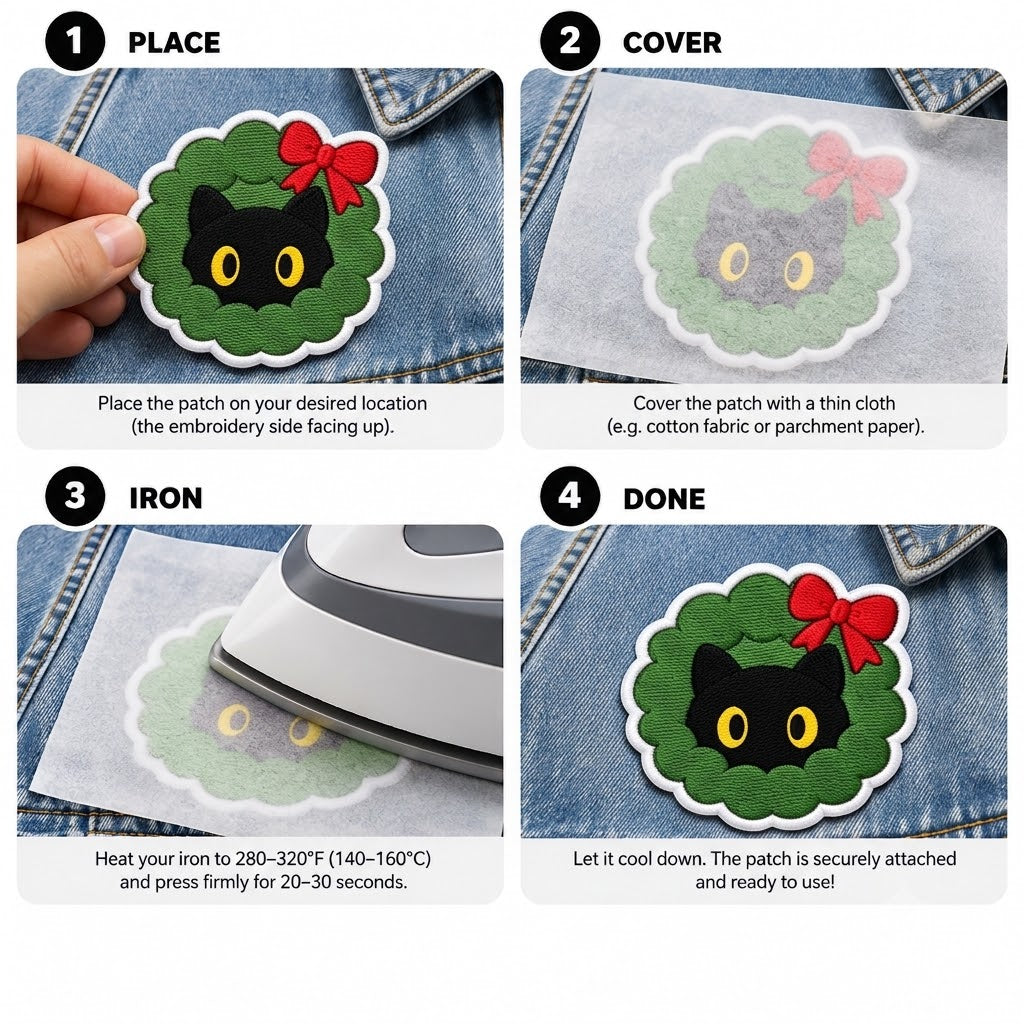Christmas Black Cat Embroidered Iron-On Patch – Cute Cat Wreath Holiday Applique