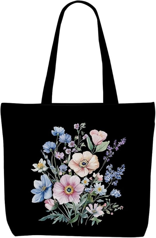 Floral Butterfly Canvas Tote Bag – Boho Shoulder Bag with Pocket for Women & Girls