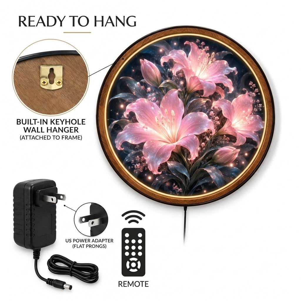 Enchanted Pink Lilies – Handcrafted Round LED Wall Art