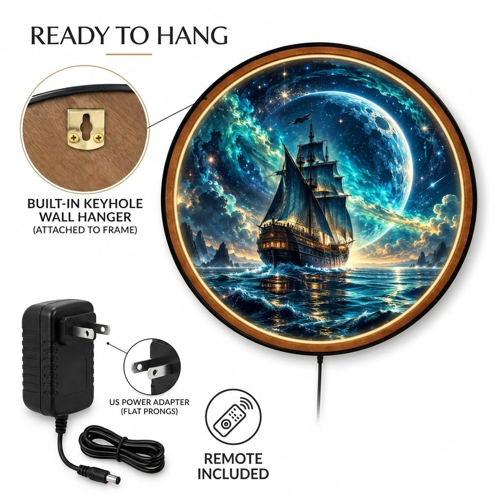 Celestial Voyage – Handcrafted LED Wall Art | Fantasy Sailing Ship & Cosmic Moon Decor