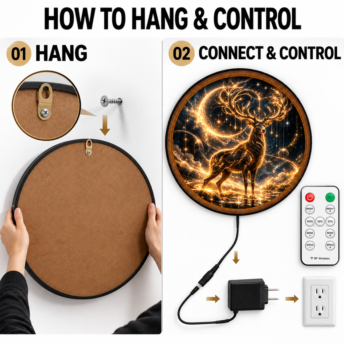 Celestial Stag Golden Moon Circular LED Wall Art