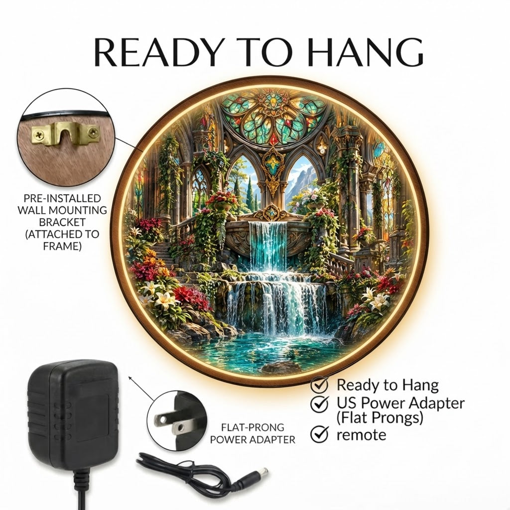 Handcrafted Enchanted Gothic Garden LED Wall Art – Stained Glass Waterfall Sanctuary