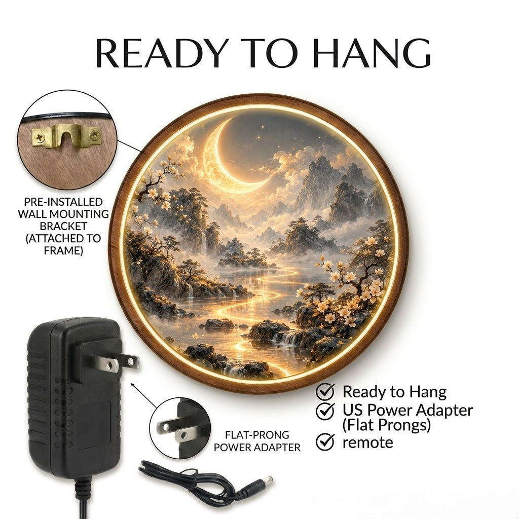 Handcrafted Golden Crescent Moon LED Wall Art – Moonlit Mountain Landscape & Japanese Zen