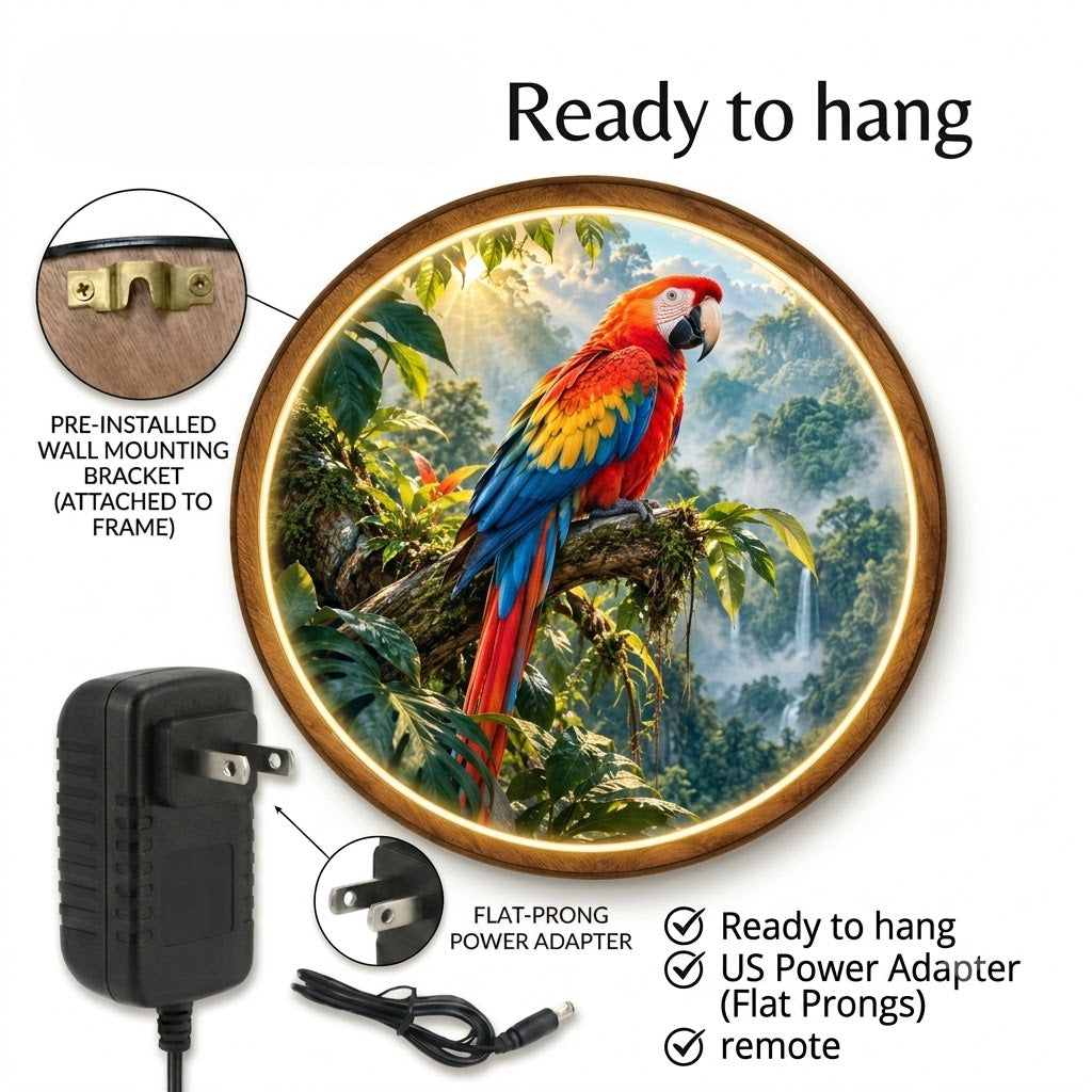 Handcrafted Scarlet Macaw LED Wall Art – Colorful Tropical Parrot & Rainforest