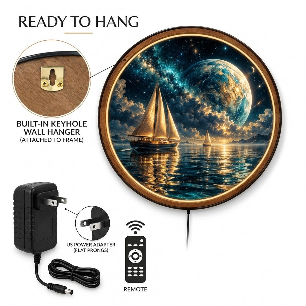 Handcrafted Celestial Sailboat LED Wall Art – Cosmic Ocean, Golden Sailing Ship & Fantasy Planet