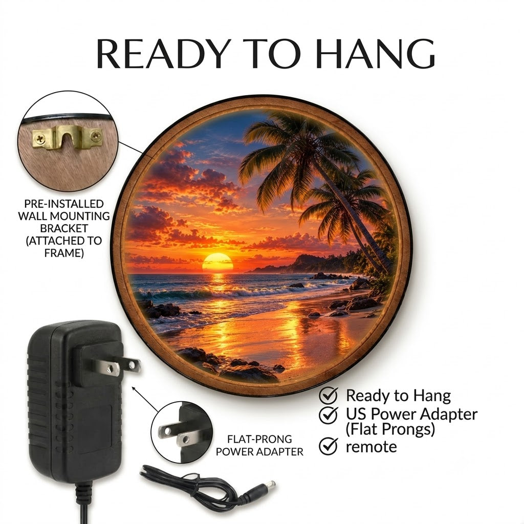Handcrafted Tropical Sunset LED Wall Art – Palm Tree Beach & Ocean Sunset