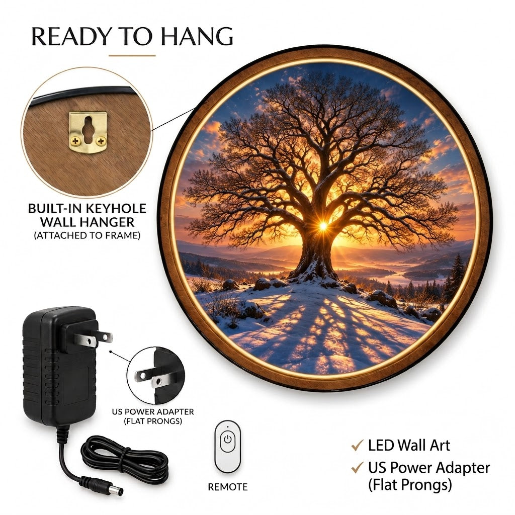 Handcrafted Tree of Life LED Wall Art – Winter Oak Tree at Golden Sunset, Rustic Nature