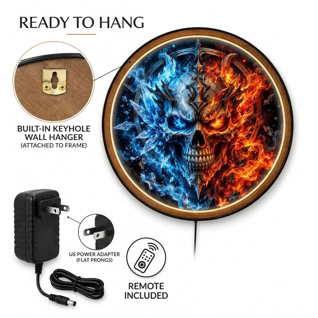 Infernal Frost – Handcrafted Fire & Ice Skull LED Wall Art | Gothic Fantasy Decor