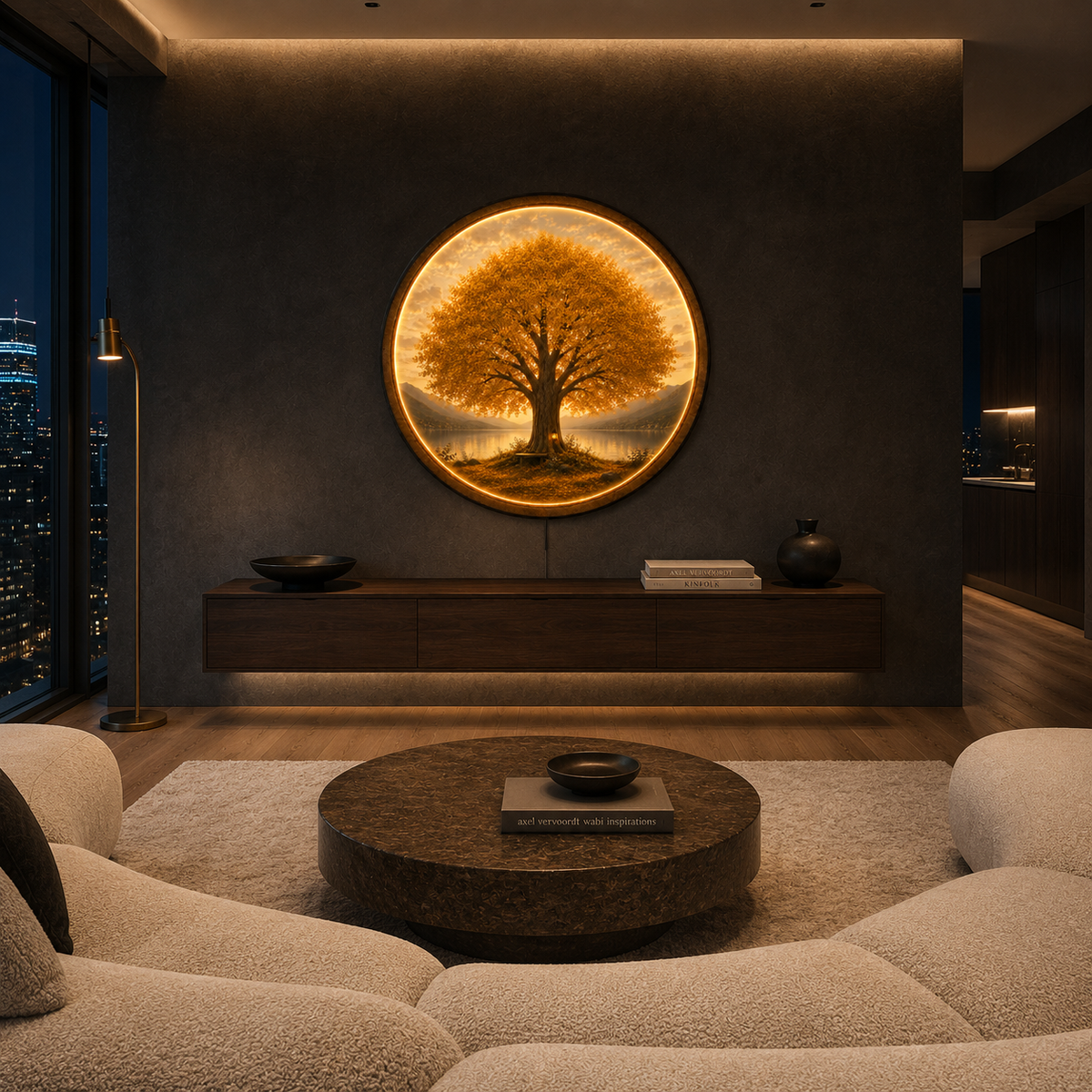 Golden Tree of Life – Handcrafted Round LED Wall Art