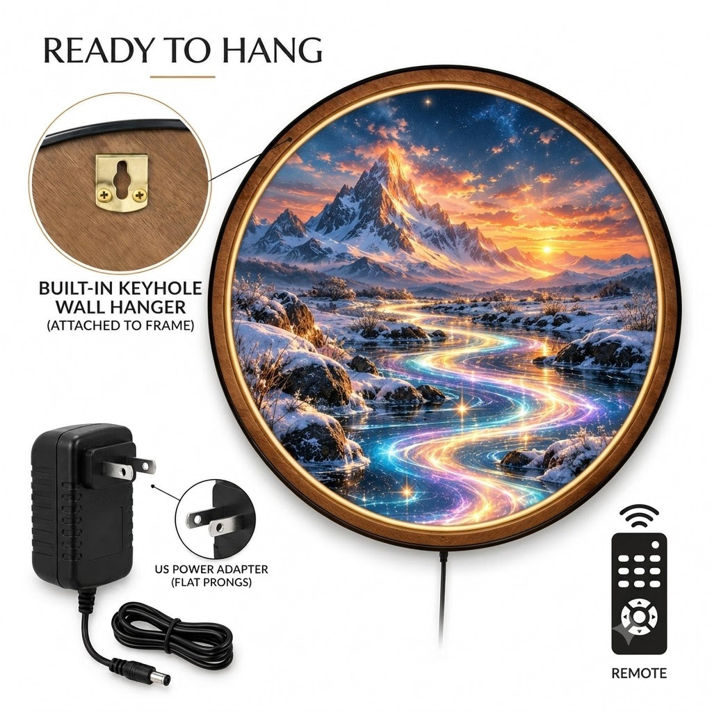 Handcrafted Magical River LED Wall Art – Rainbow Light Stream, Snowy Mountain Sunset & Fantasy Landscape