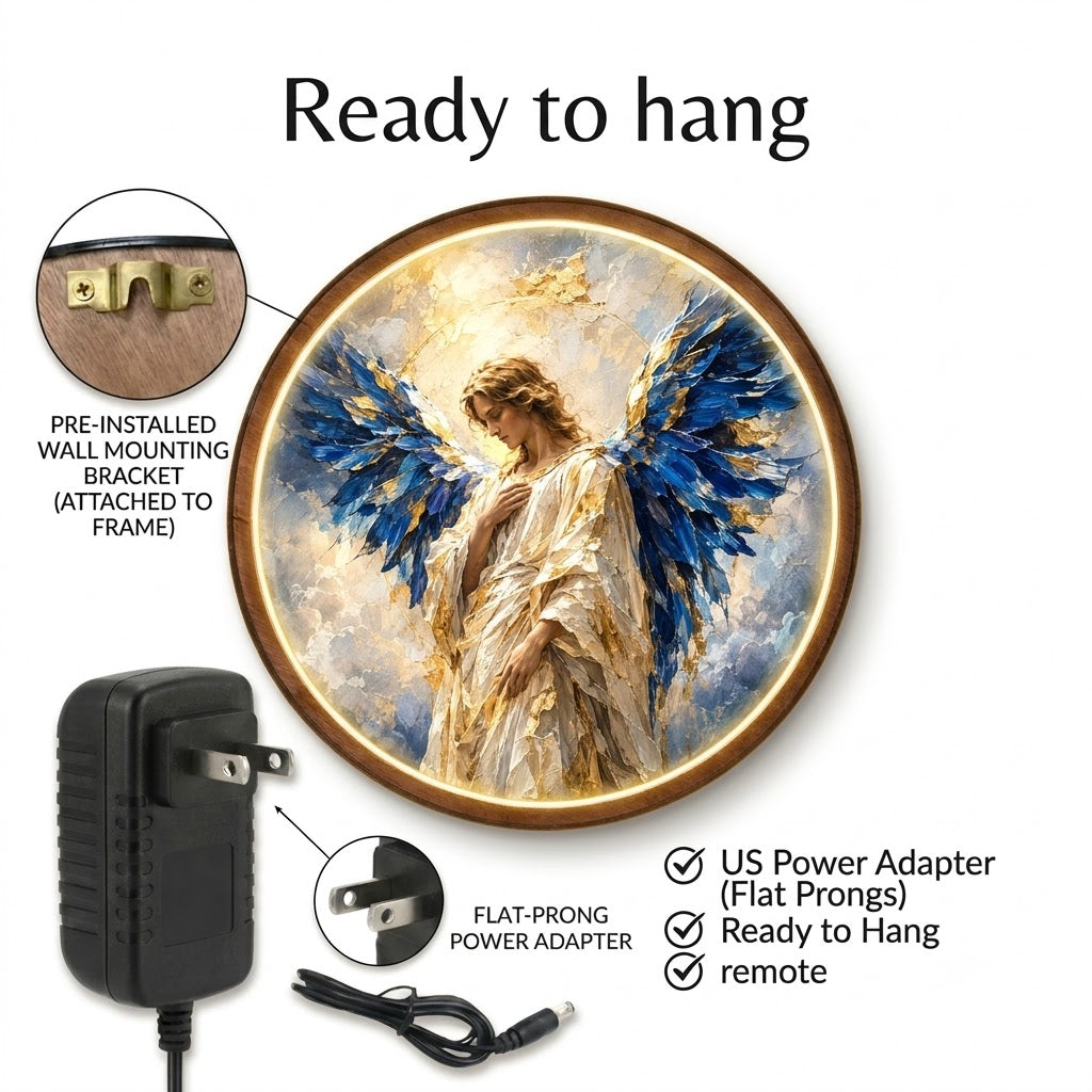 Handcrafted Guardian Angel LED Wall Art – Blue Wings & Gold Heavenly Angel