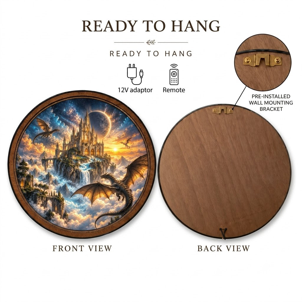 Handcrafted Dragon Citadel Celestial Fantasy LED Wall Art