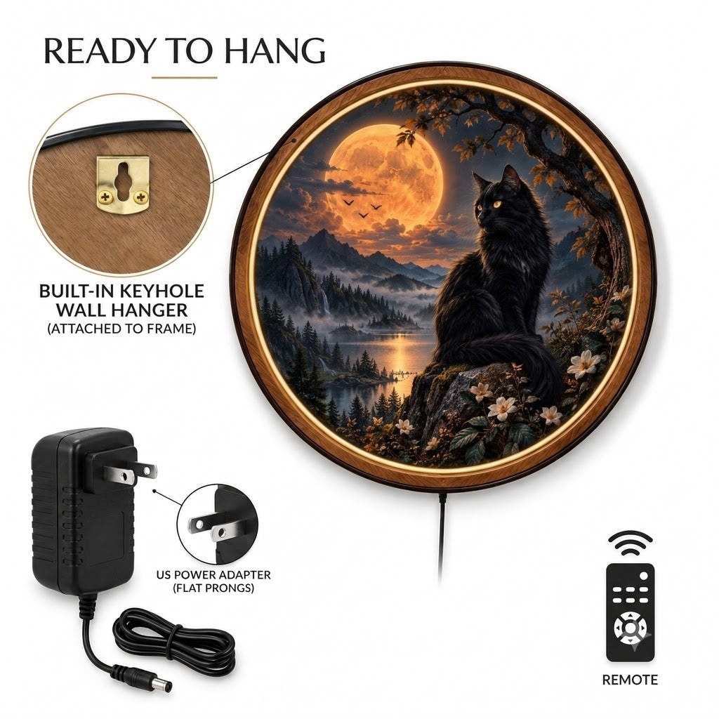 Handcrafted Black Cat LED Wall Art – Golden Full Moon & Mystical Forest, Gothic Celestial