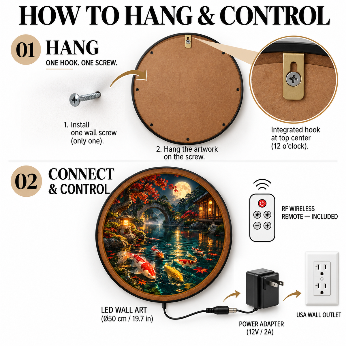 Moonlit Koi Garden – Handcrafted Round LED Wall Art